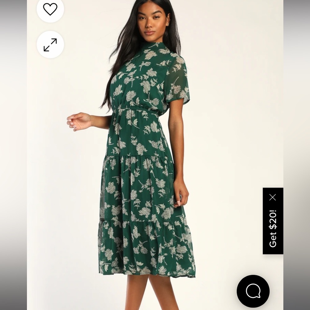 Lulu’s Floral Dressed Up Dark Green Floral Print Midi Dress Small